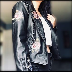 Floral Embellished Leather Jacket